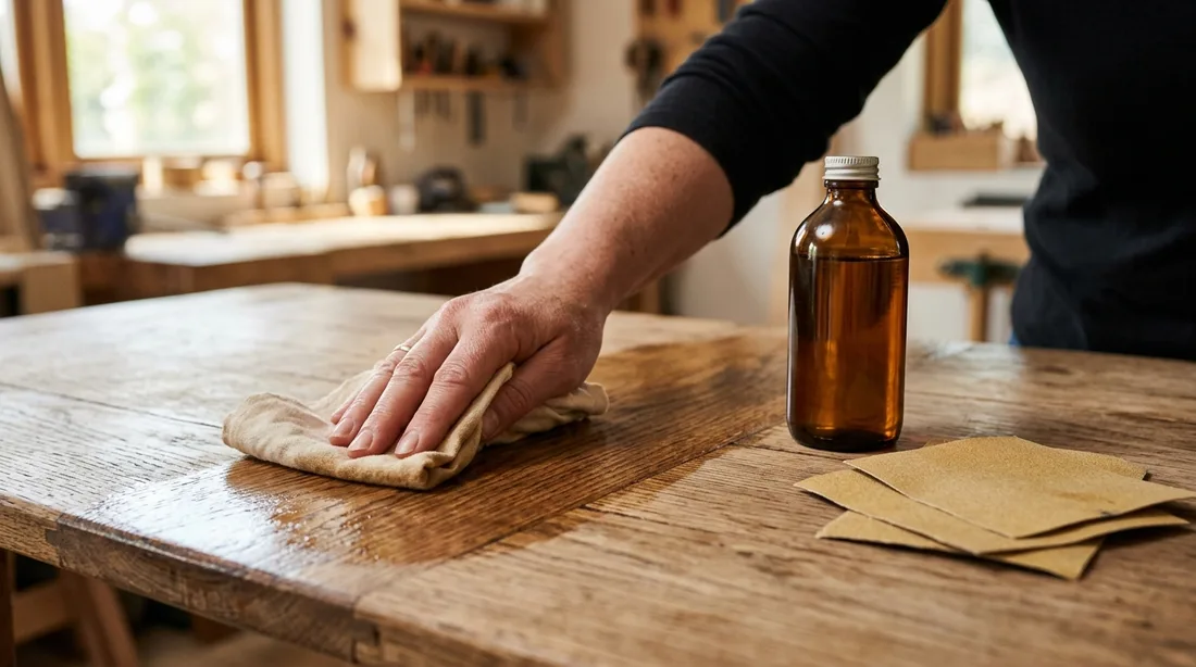 Hand wischt mit einem Tuch über eine geölte Holztischplatte, daneben liegen Möbelöl und Schleifpapier